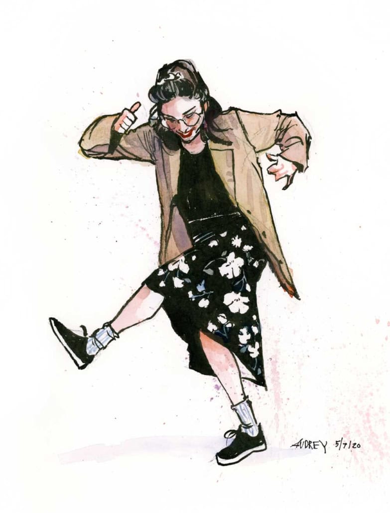 Vibrant watercolor illustration of a joyful woman dancing with energetic expression, showcasing contemporary art and creative design at Visual Arts Passage.