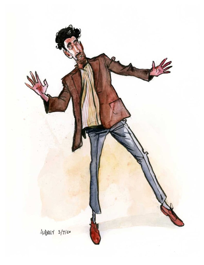 Bold colorful watercolor illustration of a surprised man in casual clothing, with wide eyes and raised hands, emphasizing expressive art style.