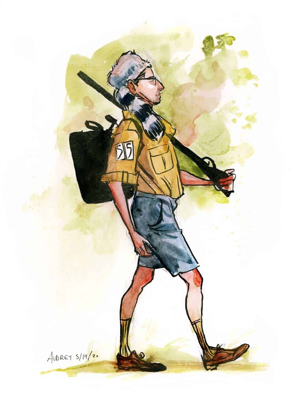 A woman wearing a yellow jacket, shorts, and hiking boots, carrying a large black backpack and walking stick, illustrated in a watercolor style for the Visual Arts Passage.