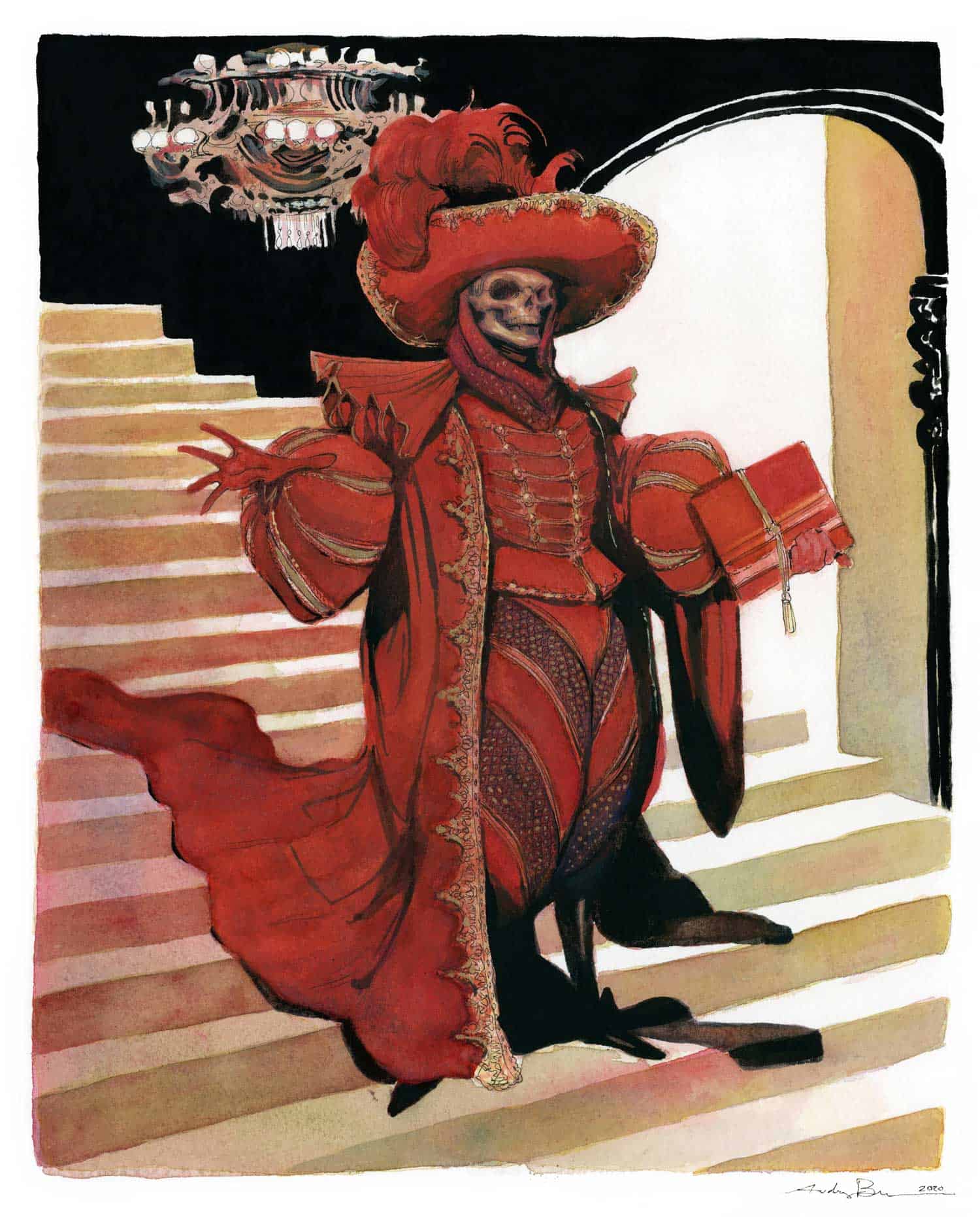 Skeleton dressed as a Mexican charro with a large sombrero, standing on a staircase inside an elegant building, holding a book and a purse; vibrant red and gold costume reflects cultural art.