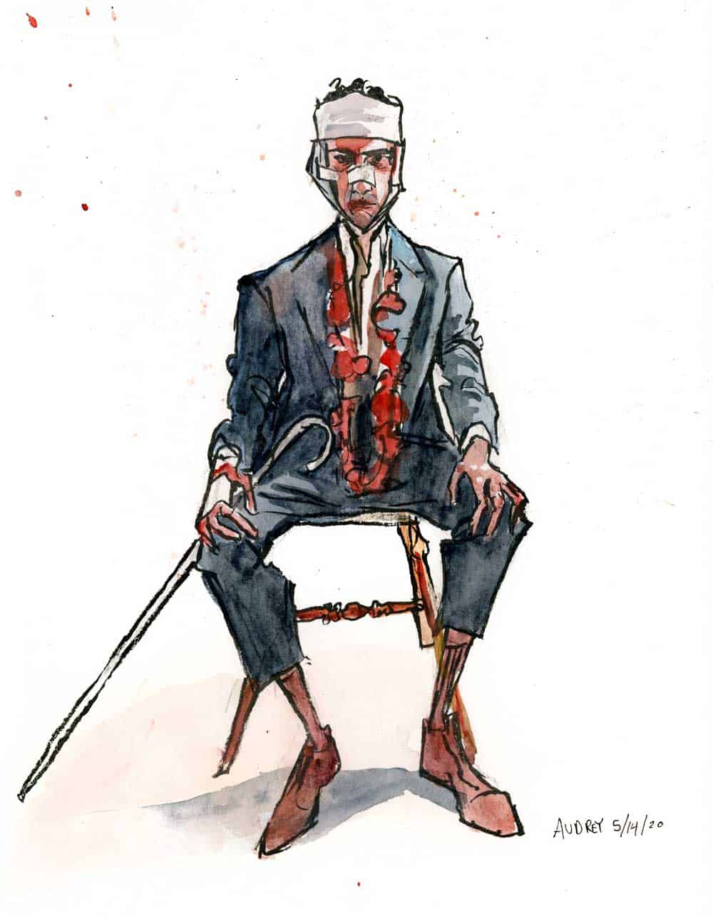 Elegant watercolor portrait of a man in a suit with a flower lei, sitting on a wooden stool, wearing a white headband, artistic style, vibrant colors, modern art piece for contemporary visual arts exhibitions.