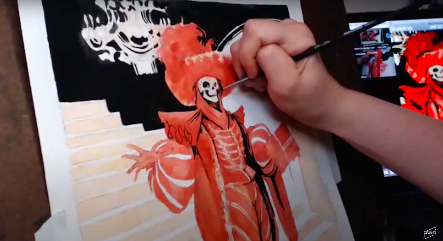 Colorful horror-themed illustration of a skeleton character with fiery orange hair, showcased in the artistic process of a watercolor painting at Visual Arts Passage.