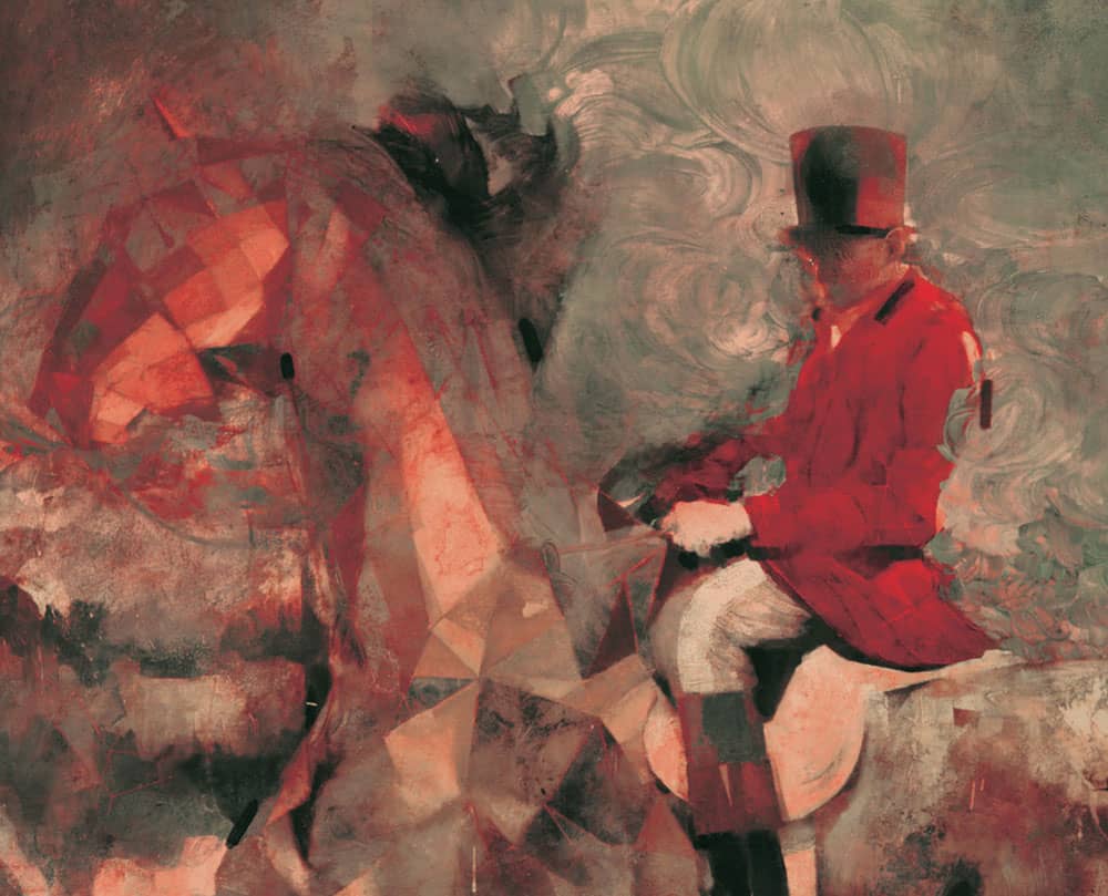 A geometric abstract painting of a man in a red jacket and top hat sitting beside a horse, utilizing warm tones of red, pink, and beige. The artwork blends realism with cubist elements, emphasizing artistic expression and creativity.