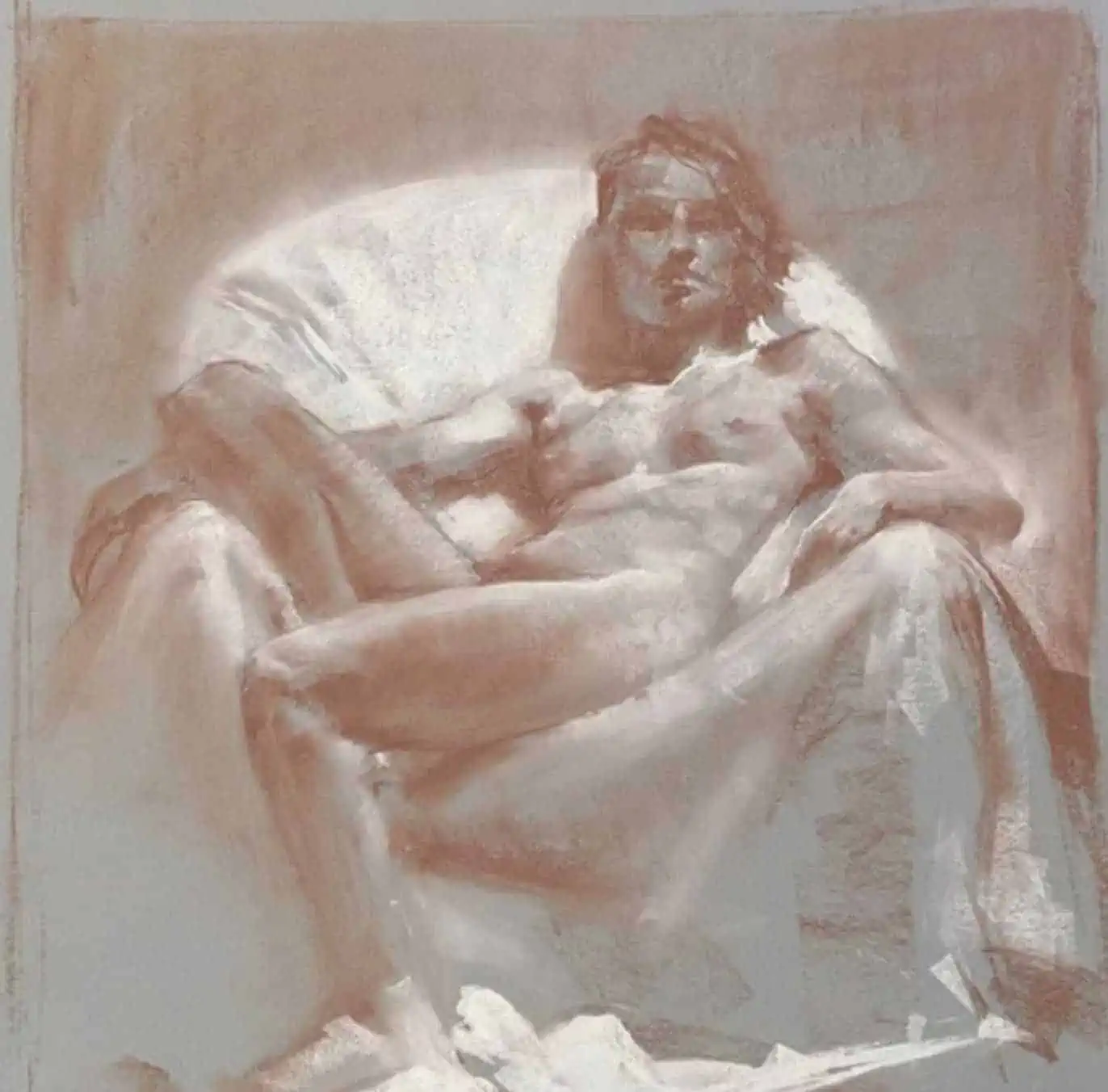 Shirtless man resting on a sofa, depicted in a monochromatic sketch style emphasizing light and shadow, showcasing a contemporary art piece from the Visual Arts Passage collection.