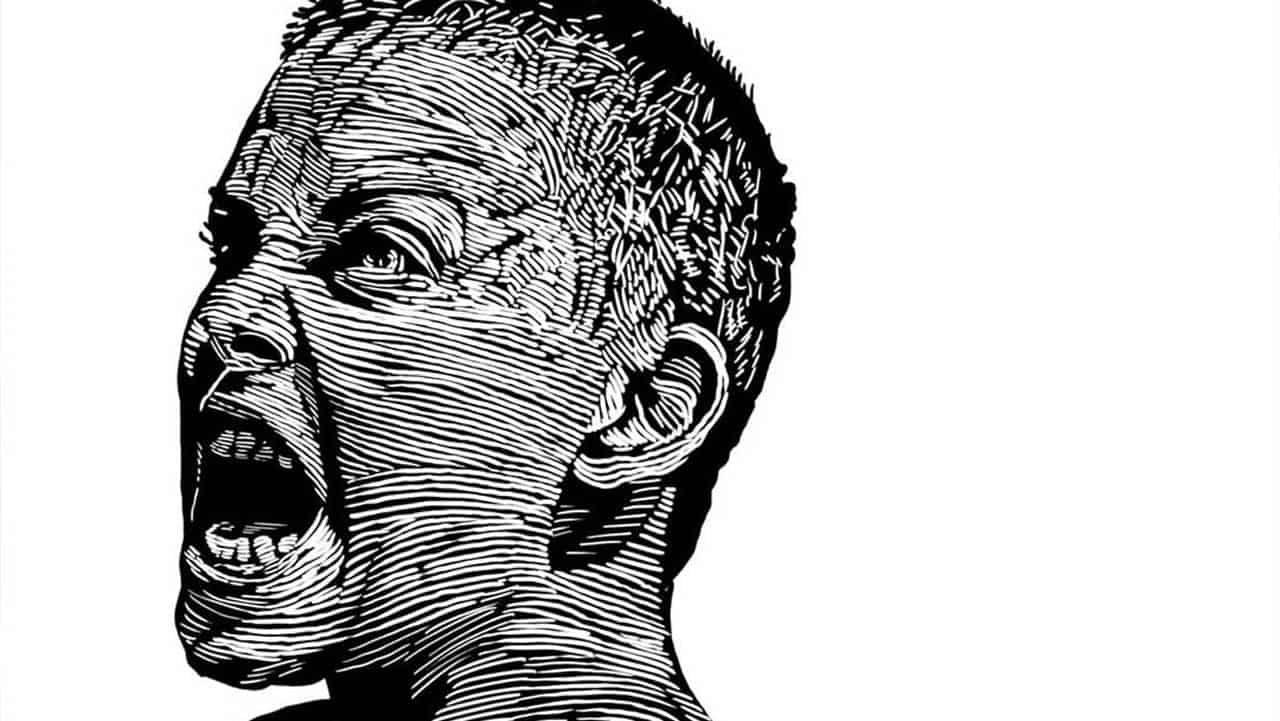 A black and white line art portrait of an angry woman with an open mouth, depicting intense emotion through intricate line work and shading, emphasizing expressive facial features.