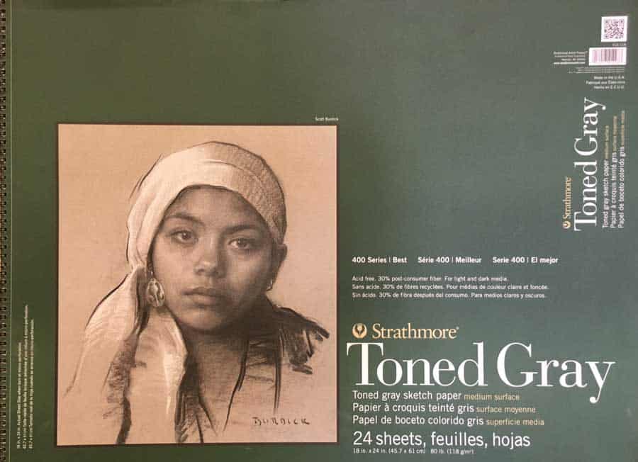 Toned Gray sketch paper pack by Strathmore, ideal for artists, featuring 24 sheets of medium surface gray paper for drawing, sketching, and artistic projects, perfect for visual arts and creative expression.