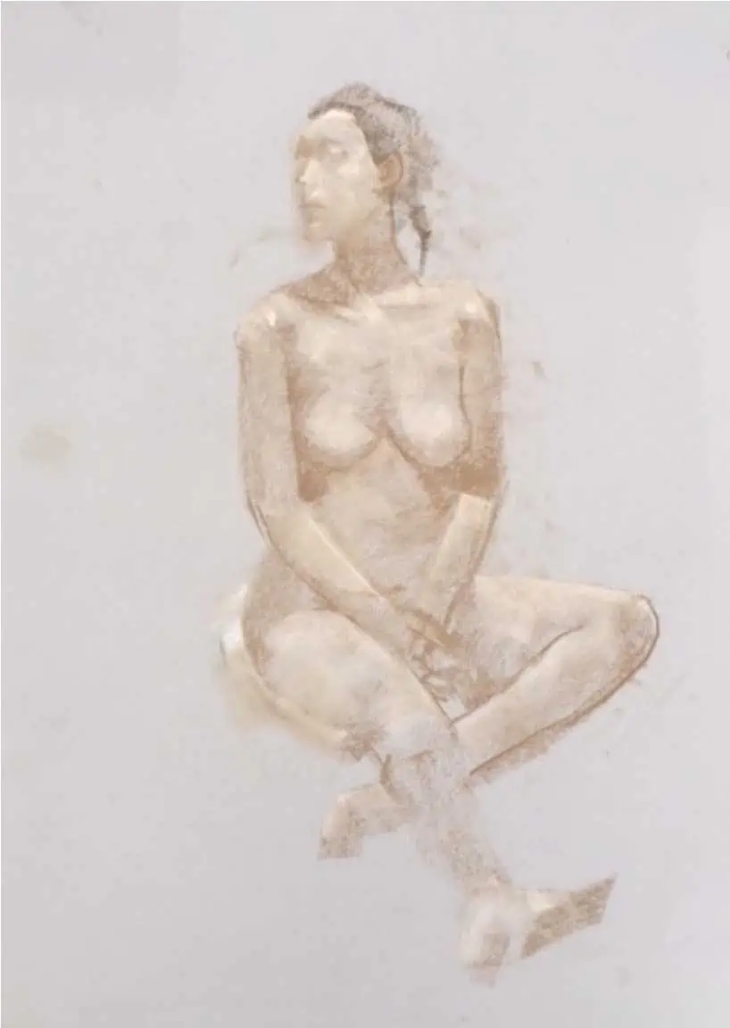 Delicate watercolor painting of a nude woman sitting with legs crossed and head turned to the side, showcasing artistic expression and human form.