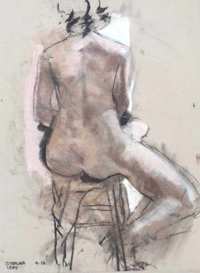 Nude female figure sketch on paper, watercolor and ink, artist's study of human form, seated on a stool, expressive art depicting anatomy and posture, part of a classical art collection.