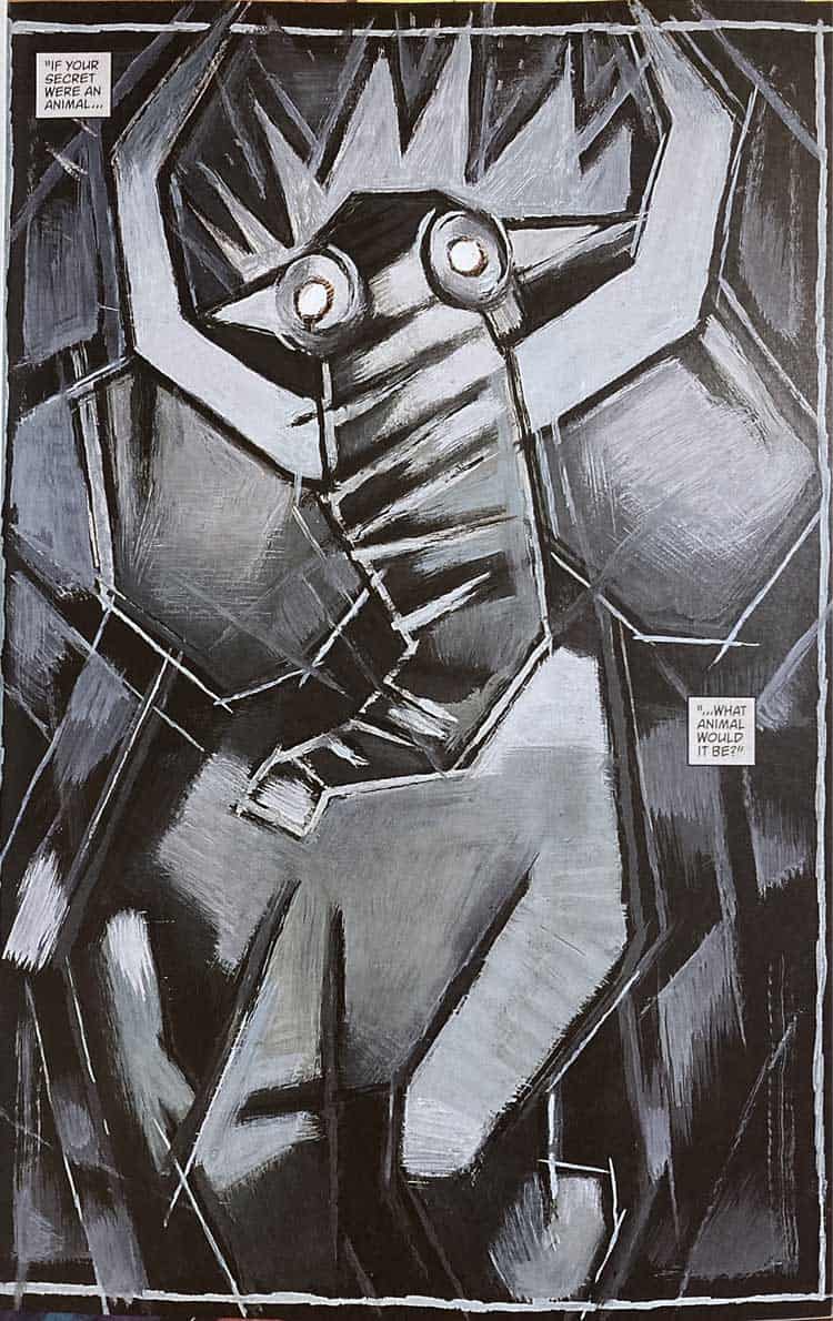 A robotic figure painted in black, white, and gray tones with geometric, angular lines evokes themes of technology and animal mystery in contemporary art.