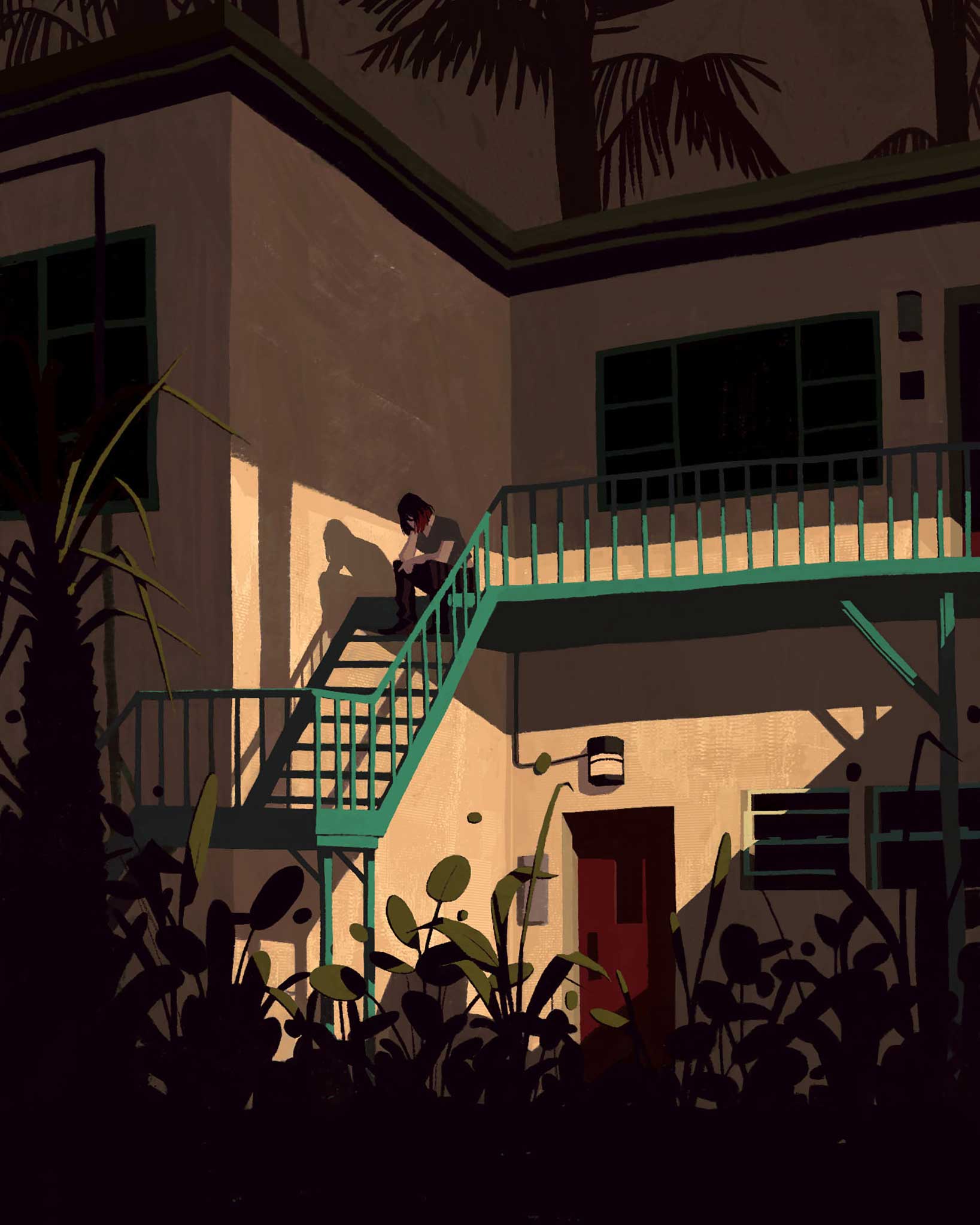 A person sitting on a balcony stairs at sunset, with shadows cast on the wall, surrounded by lush plants. The scene captures a peaceful moment, highlighting modern urban lifestyle and outdoor living in an art-inspired setting.