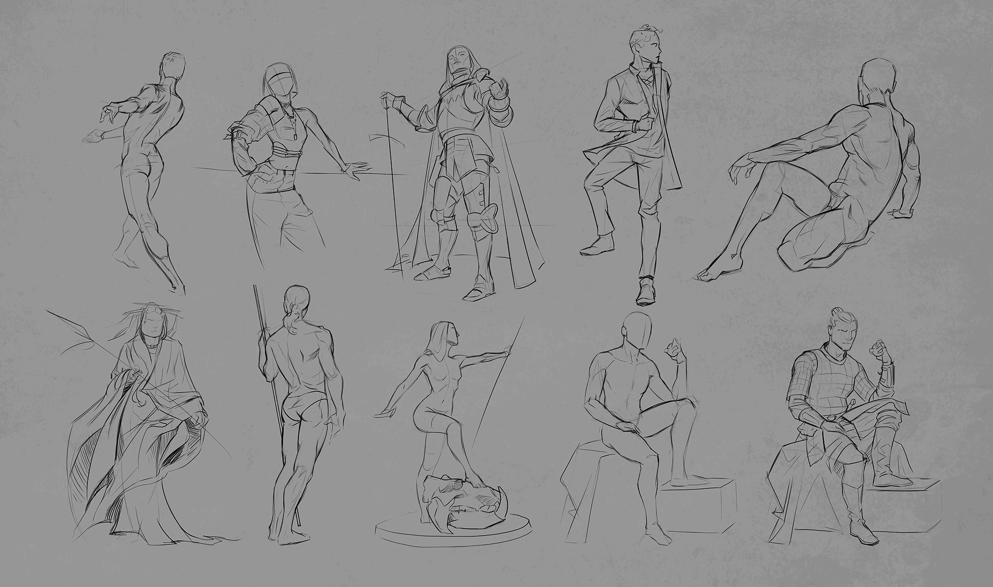 Elegant figure sketches showcasing diverse poses and clothing styles, ideal for art and illustration projects, emphasizing human anatomy, dynamic movement, and character design.