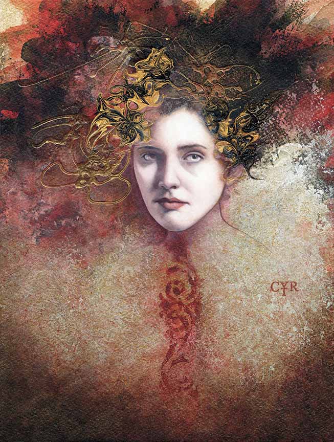Intricate mixed media portrait featuring a woman's face emerging from a textured, abstract background with gold accents and fiery red tones, symbolizing inner strength and artistic expression.