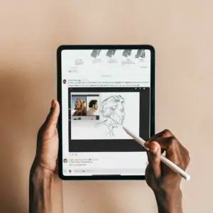 Digital art creation on a tablet showcasing portrait sketches, digital illustration tools, and art analysis for contemporary visual arts and digital artist communities.