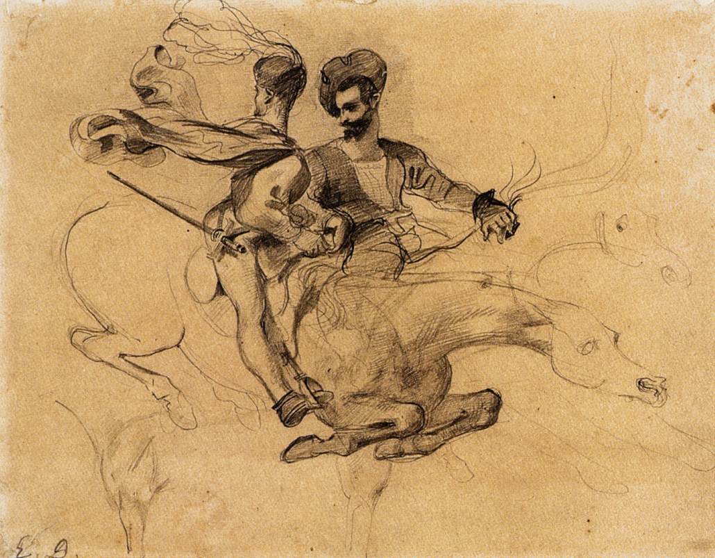 Vivid sketch of two daring cowboys riding a bucking horse, showcasing classic Western adventure and rugged outdoor spirit in detailed art.