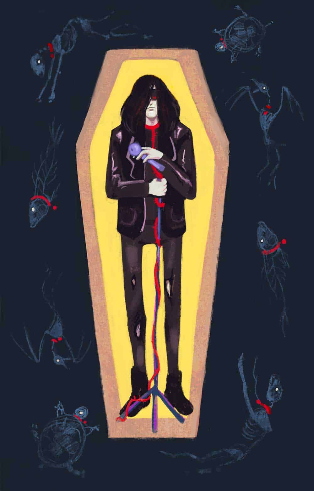 Fear and mortality-themed artwork featuring a person in a coffin with an open lid, holding a blue object, surrounded by sketches of fish and animals with red collars, symbolizing life, death, and the natural world.