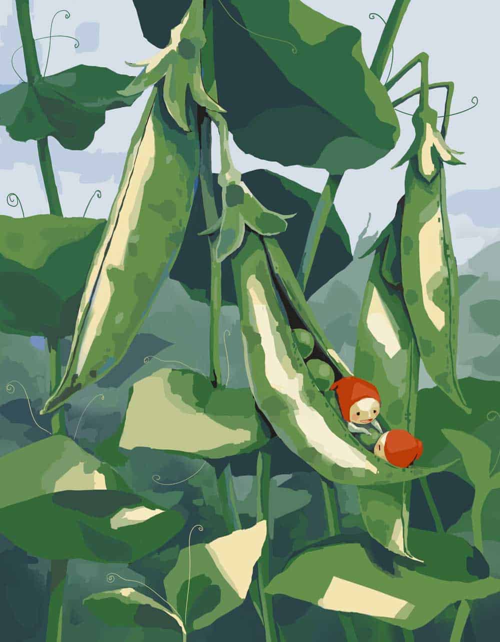 Vivid digital illustration of playful red ladybugs on lush green plant leaves, highlighting nature-inspired artwork and contemporary digital art styles.