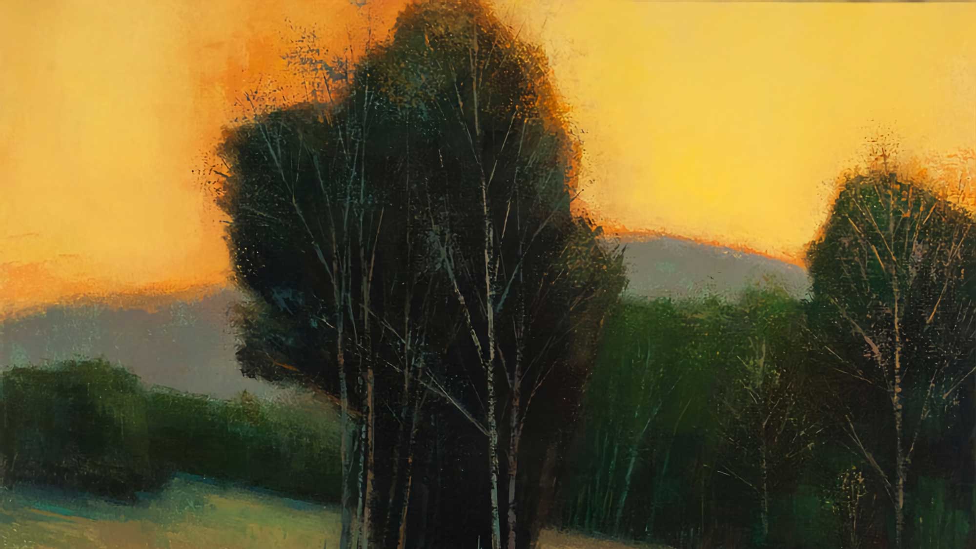 Vibrant landscape painting featuring silhouetted trees during sunset, highlighting natural scenery with warm sky tones, emphasizing artistic expression and landscape art styles.