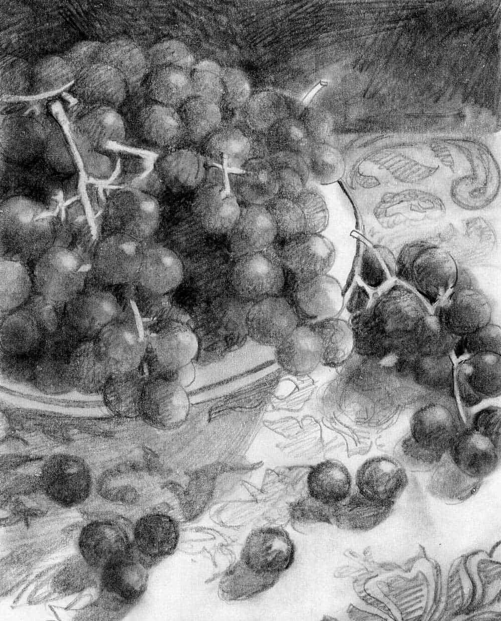 Grapes and skulls still life sketch, detailed graphite drawing of fruit and skull with decorative background, showcasing artistic skill and attention to shading and texture.