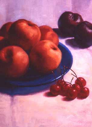 Fresh apples and cherries on a blue plate, with plums in the background, illuminated by soft light, showcasing vibrant fruit colors and realistic textures.