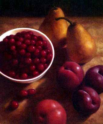 Juicy red cranberries and ripe pears with nectarines on a wooden surface, showcasing fresh seasonal fruits at Visual Arts Passage.