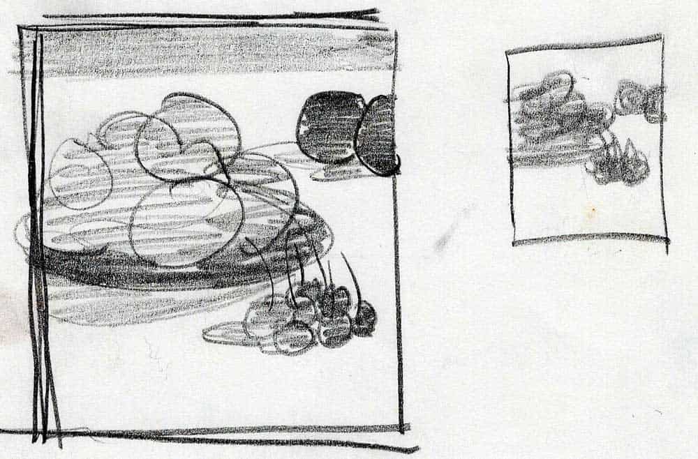 A pencil sketch of a still life arrangement featuring a cluster of round fruits, possibly grapes or apples, with some cherries nearby, accented by outline details and shading.
