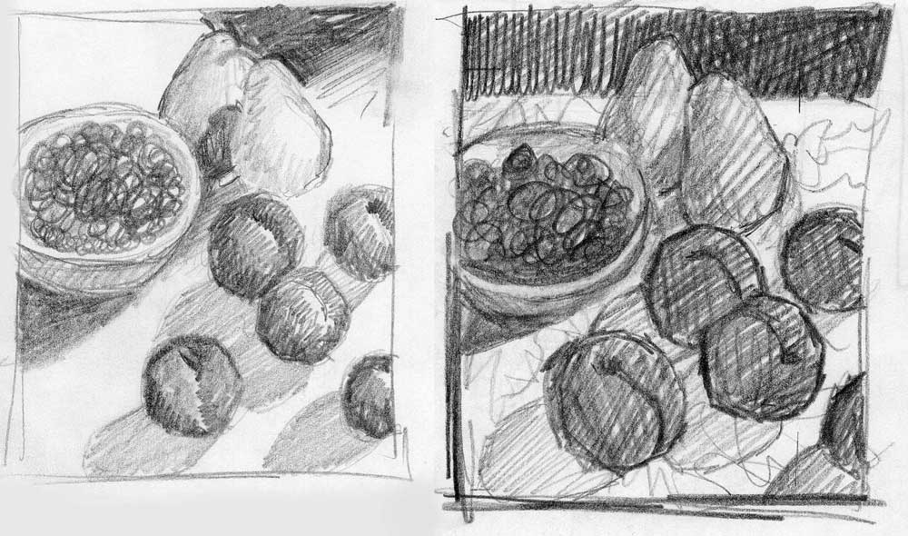 Pencil sketch of a bowl of berries and apples, with a close-up of fruit on a table, showcasing detailed shading and still life art composition.