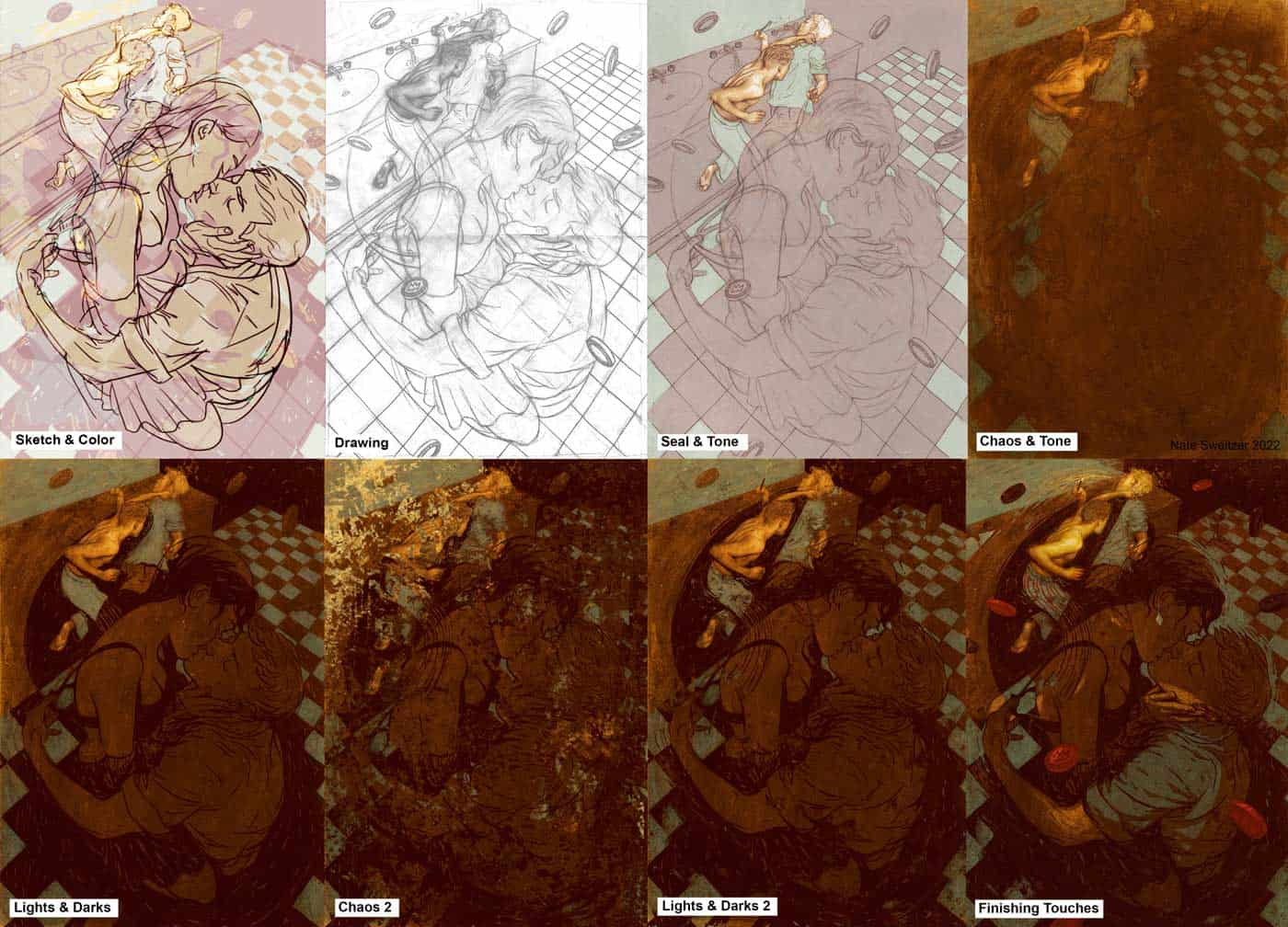 Sketch of two women hugging on a checkered floor, illustrating the art process from initial sketch to finished digital piece, emphasizing the layers of color, tone, and lighting in art creation.