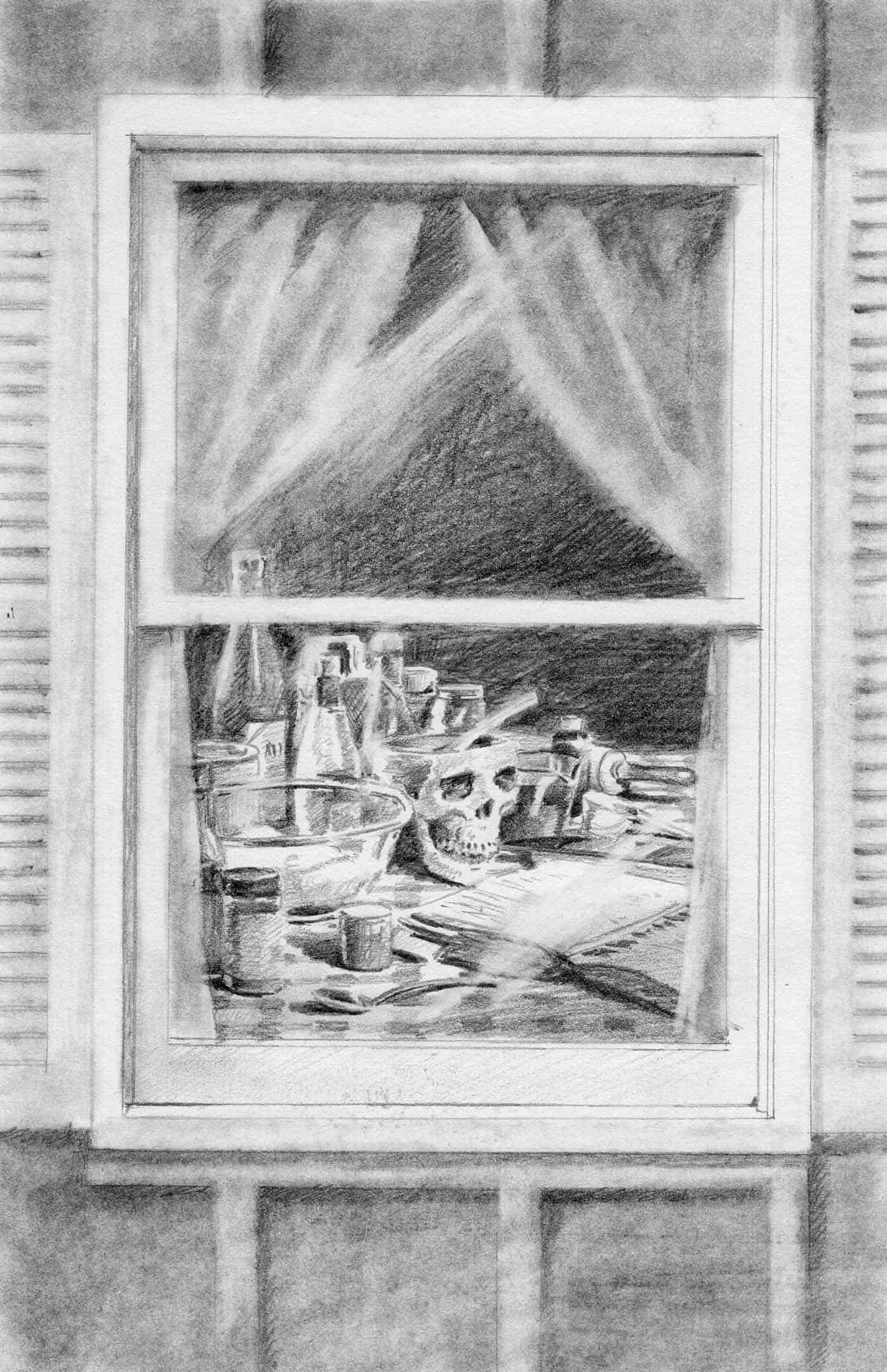 A pencil sketch of a window sill filled with various objects including a skull, jars, a bowl, and art supplies, illustrating still life art with detailed shading and a focus on everyday items.