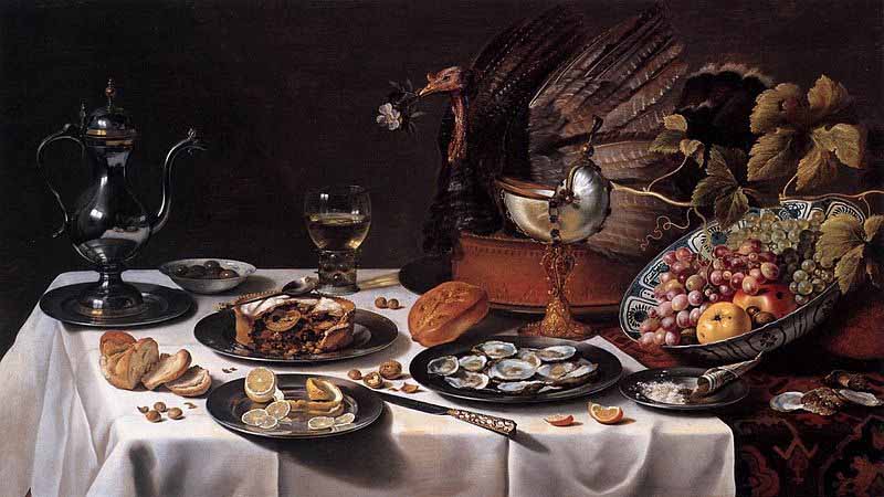 Silver tea pot and glass of water on white tablecloth with assorted food items including oysters, grapes, bread, and lemon slices, in a classic still life painting.