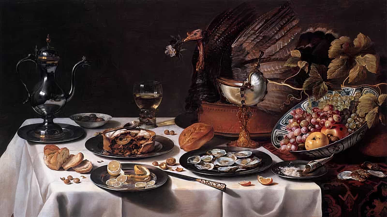 Luminous still life painting of a table with grapes, oysters, bread, lemons, and a silver teapot, showcasing classical art with detailed textures and rich colors.