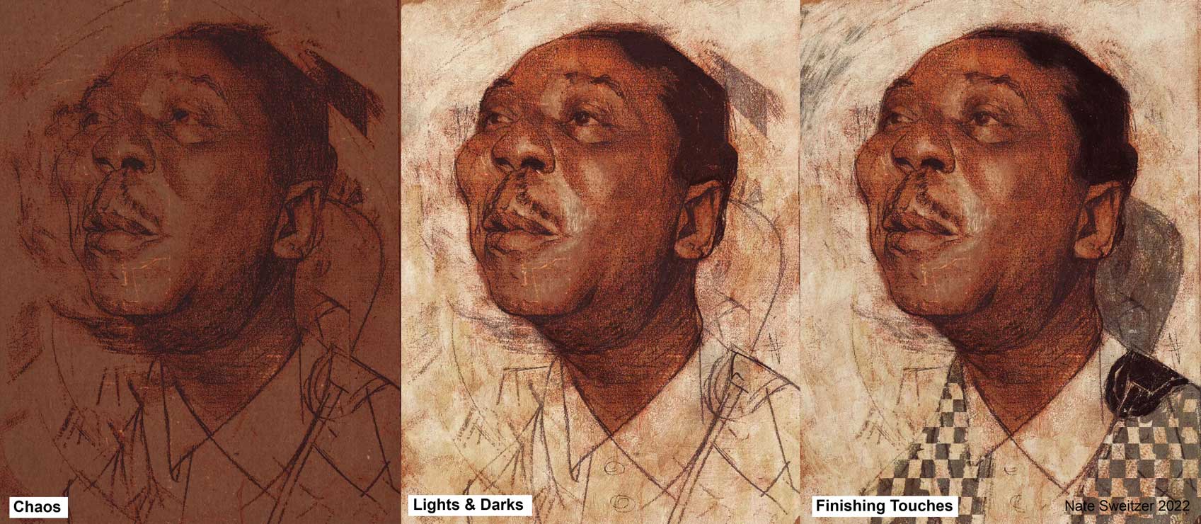 Vivid portrait triptych showcasing the evolution of a detailed face drawing with dynamic shading and finishing touches, emphasizing modern art, portraiture, and creative design by Nate Sweitzer 2022.