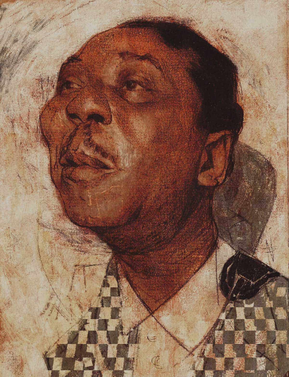 Close-up of a portrait of a woman with a chessboard patterned shirt, showcasing detailed and expressive art inspired by classical and contemporary portraiture.