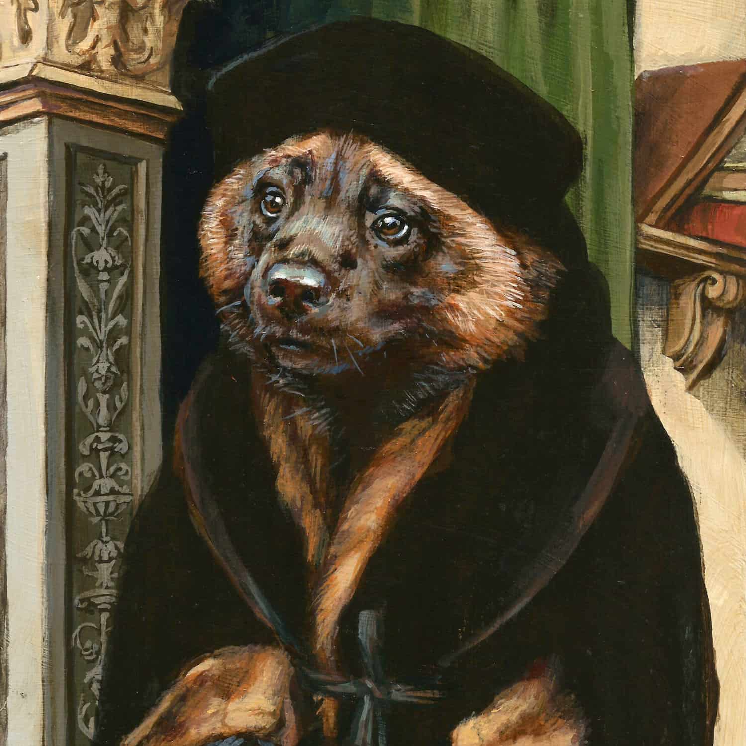 A dog dressed in vintage clothing, wearing a black hat, in a classical interior setting, representing fine art and portraiture.