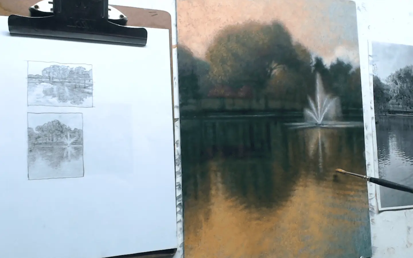 A still from John English's Mixed Media Landscape painting tutorial.