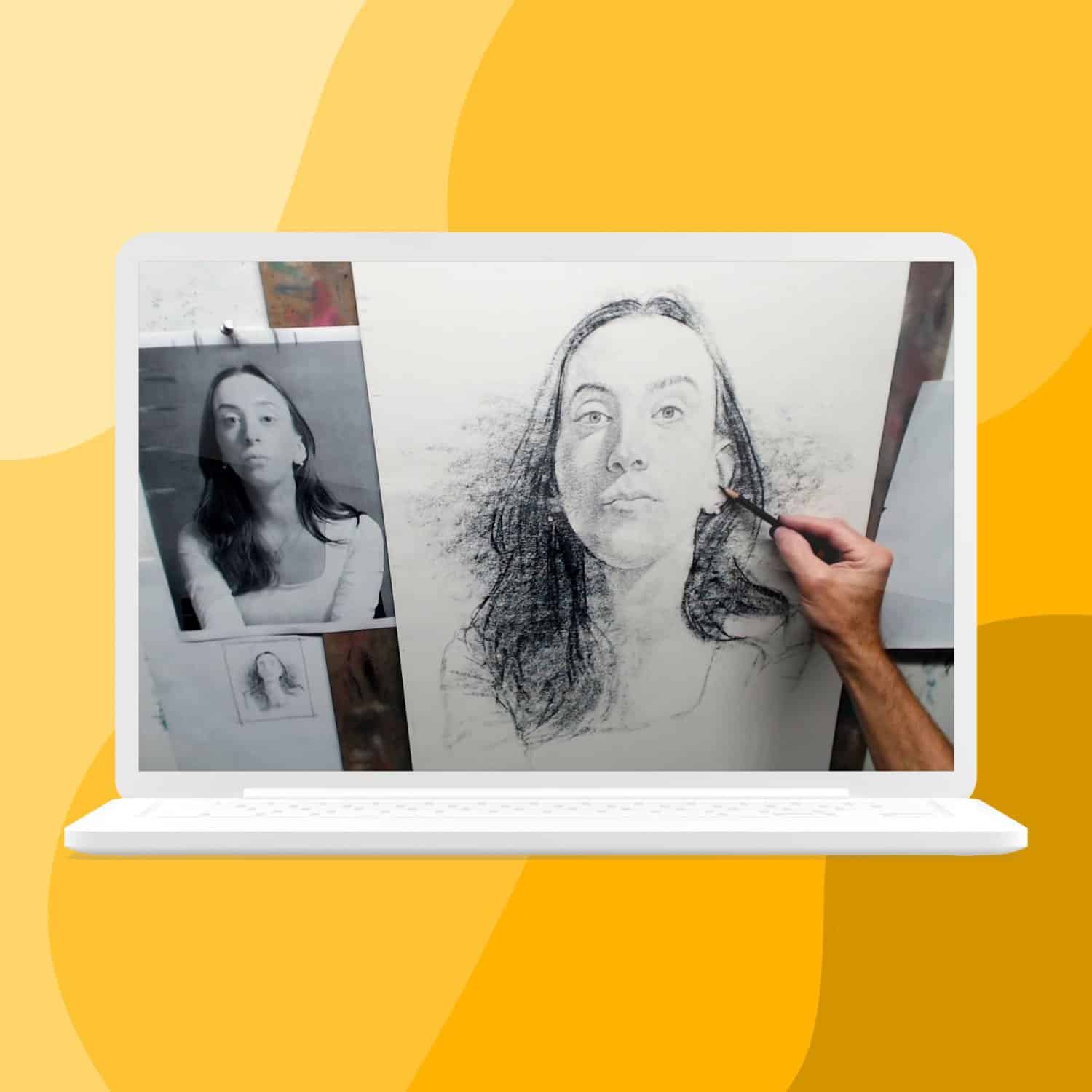 High-quality pencil sketch of a woman's portrait, inspired by her photograph displayed on a computer screen, showcasing realistic art techniques and portrait drawing skills.