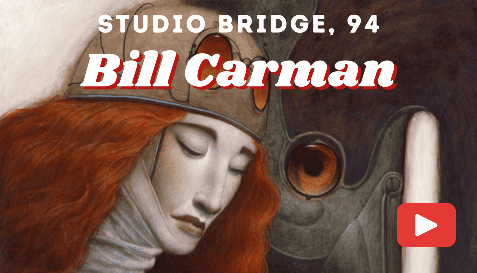 Female portrait of a woman with long red hair wearing a vintage pilot helmet, inspired by Bill Carman's art style, showcasing artistic portraiture and classic aviation themes.