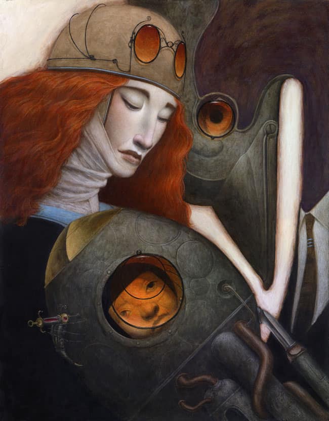 Dreamlike science fiction artwork featuring a woman with red hair and goggles, alongside a robot with a reflective eye, evoking themes of technology, mystery, and futuristic innovation from Visual Arts Passage.