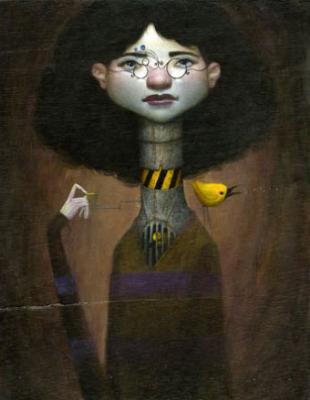 A surreal portrait of a woman with glasses and dark hair, blending artistic watercolor techniques with abstract elements and bold colors.