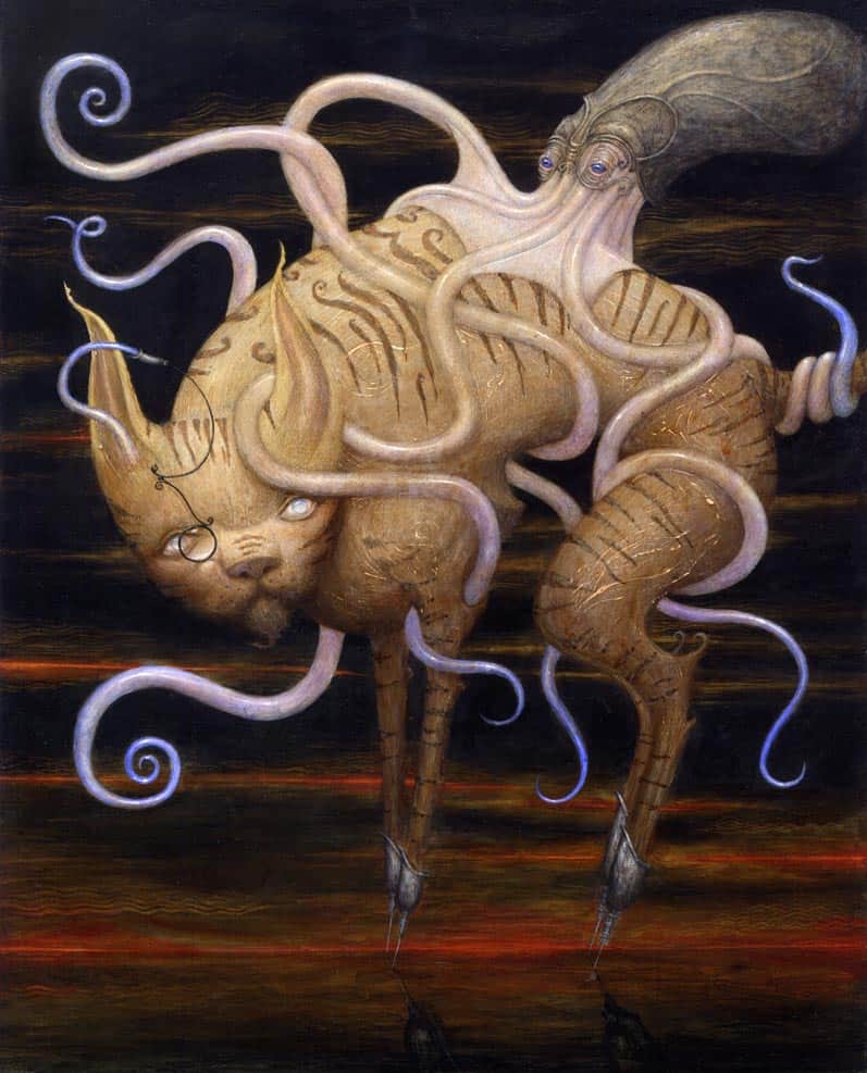 A surreal artwork featuring a fantastical creature with a cat-like face, twisted wood features, and multiple tentacle-like appendages against a dark, abstract background.