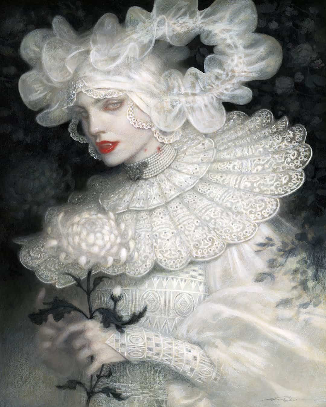 Elegant woman in an elaborate white lace and pearl costume, featuring intricate accessories and a dramatic headpiece, showcasing high fashion and artistic craftsmanship.