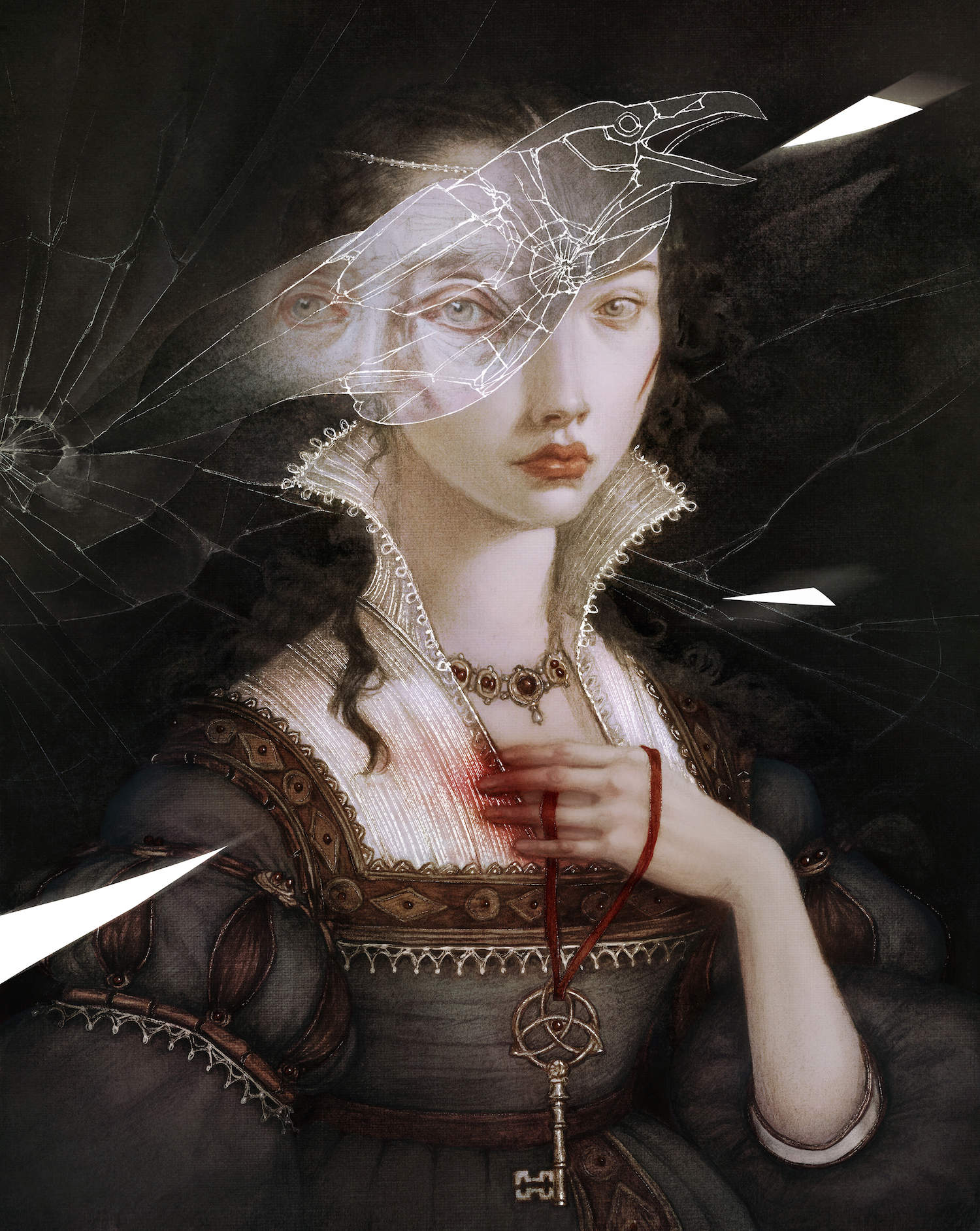 Intricate digital artwork of a woman in historical attire with layered textures, emphasizing modern art and digital illustration techniques.