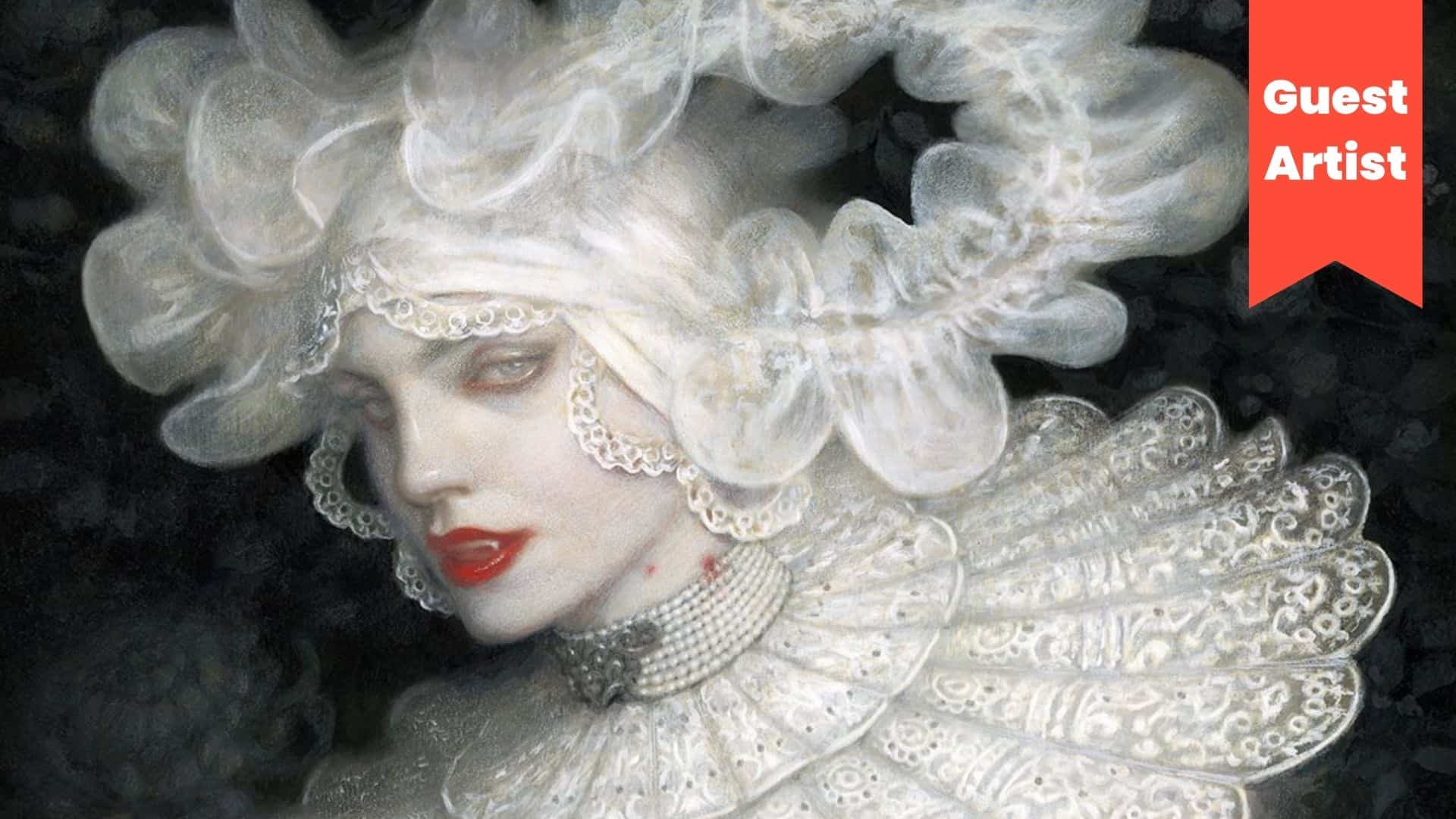 Intricate portrait of a woman with elaborate white lace headpiece, detailed ruffled collar, and vibrant red lips, showcasing contemporary art and textile craftsmanship.