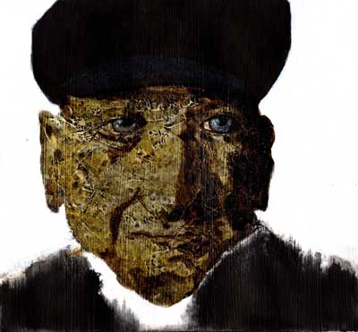 A close-up digital painting of an elderly person's face with expressive eyes, wearing a dark hat and textured skin that highlights warmth and wisdom.