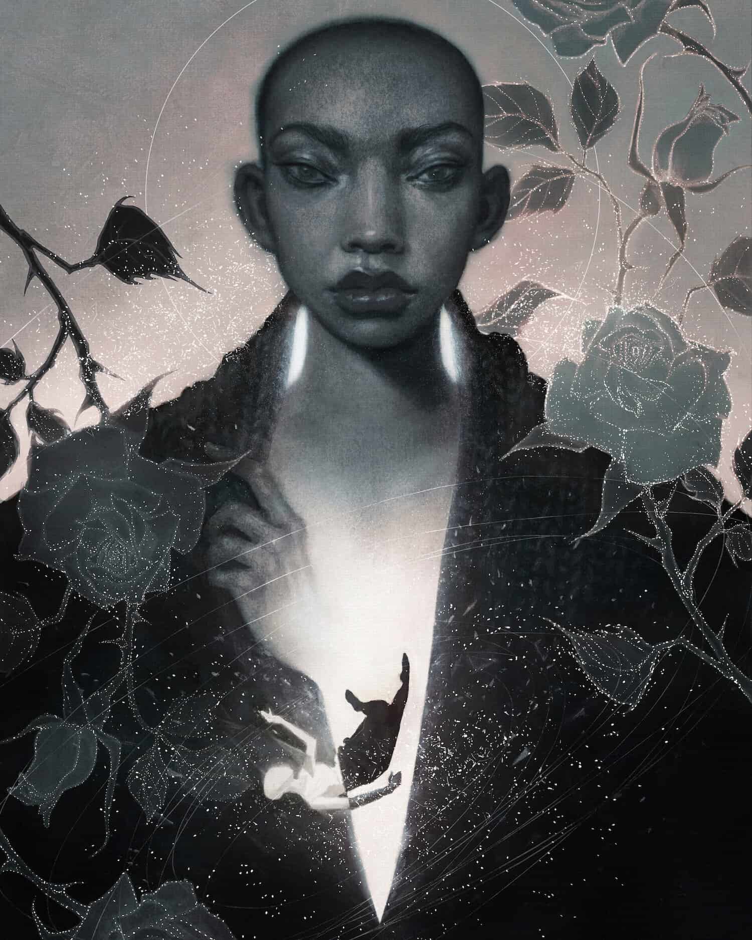 Vibrant mixed media portrait of a woman with bold makeup, featuring digital art elements, roses, and cosmic accents for contemporary art and African cultural themes.