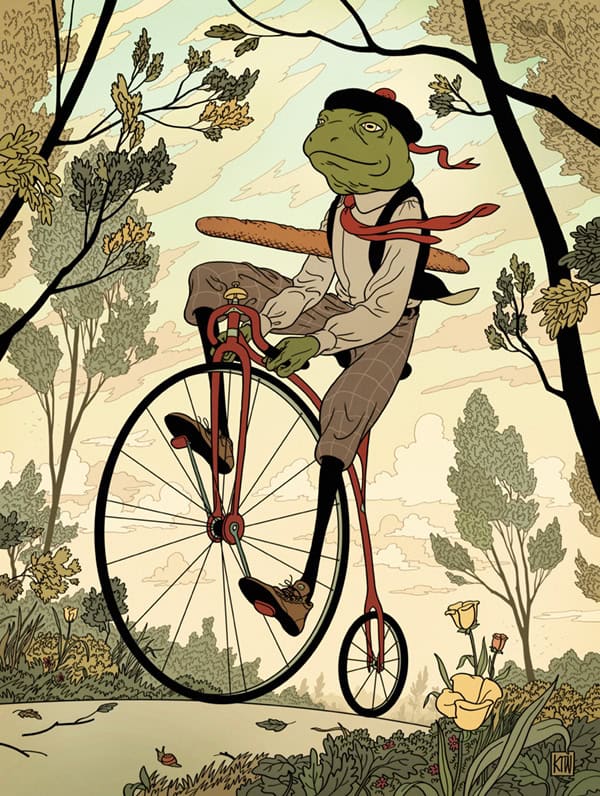 Bruce-lee-style frog riding vintage penny-farthing bicycle in an illustrated forest scene, whimsical art for visual arts passage.
