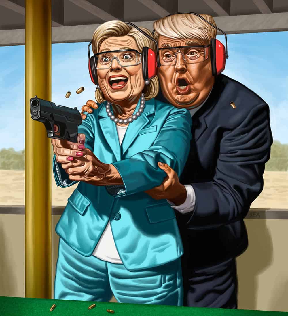 Woman with gray hair holding a gun and a man with blond hair in a black suit shooting at each other at shooting range, cartoon style, political satire, humor, gun violence, caricature, "Visual Arts Passage".