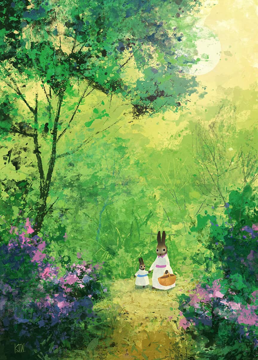 Vivid watercolor illustration of two rabbits in a lush, green forest with blooming flowers, capturing the artistic style of Visual Arts Passage.