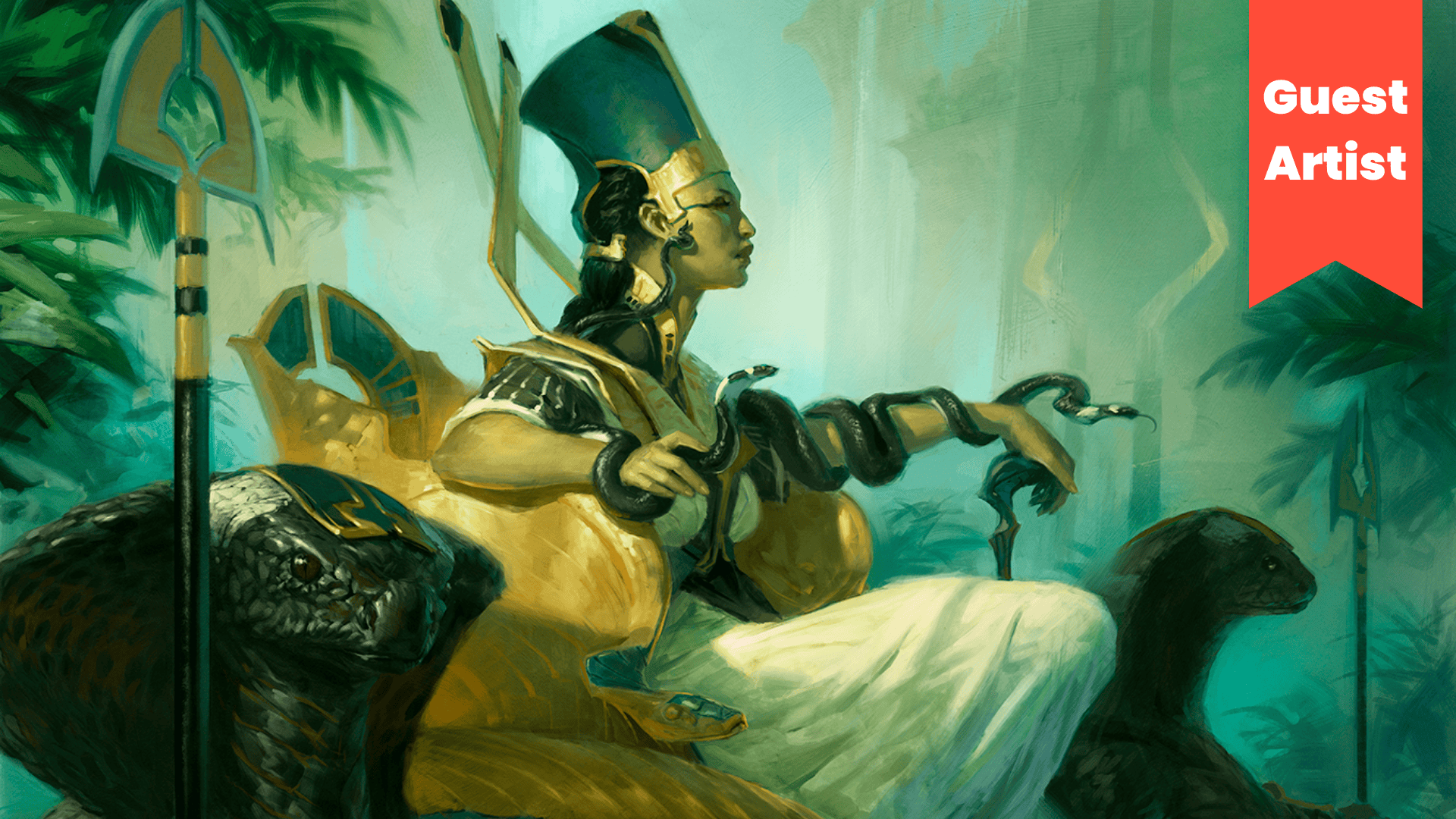 Ethereal digital painting of a regal woman in ancient armor with snakes and animals in a lush jungle, highlighting themes of mythology and fantasy, suitable for art enthusiasts and collectors.