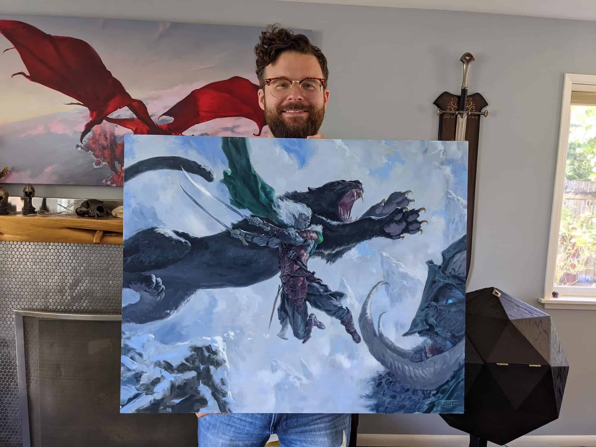Fearless fantasy art featuring a brave warrior riding a fierce black dragon in a snowy landscape, capturing dynamic motion and fantasy adventure themes.