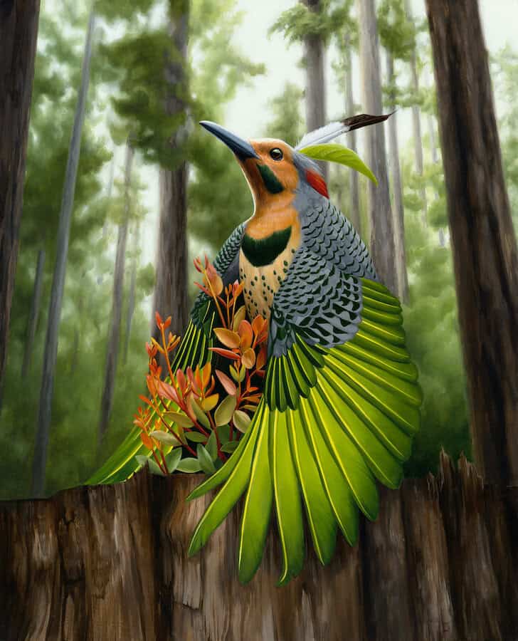 Colorful wood art of a woodpecker with vibrant feathers and foliage in a forest setting, emphasizing nature-inspired artwork.